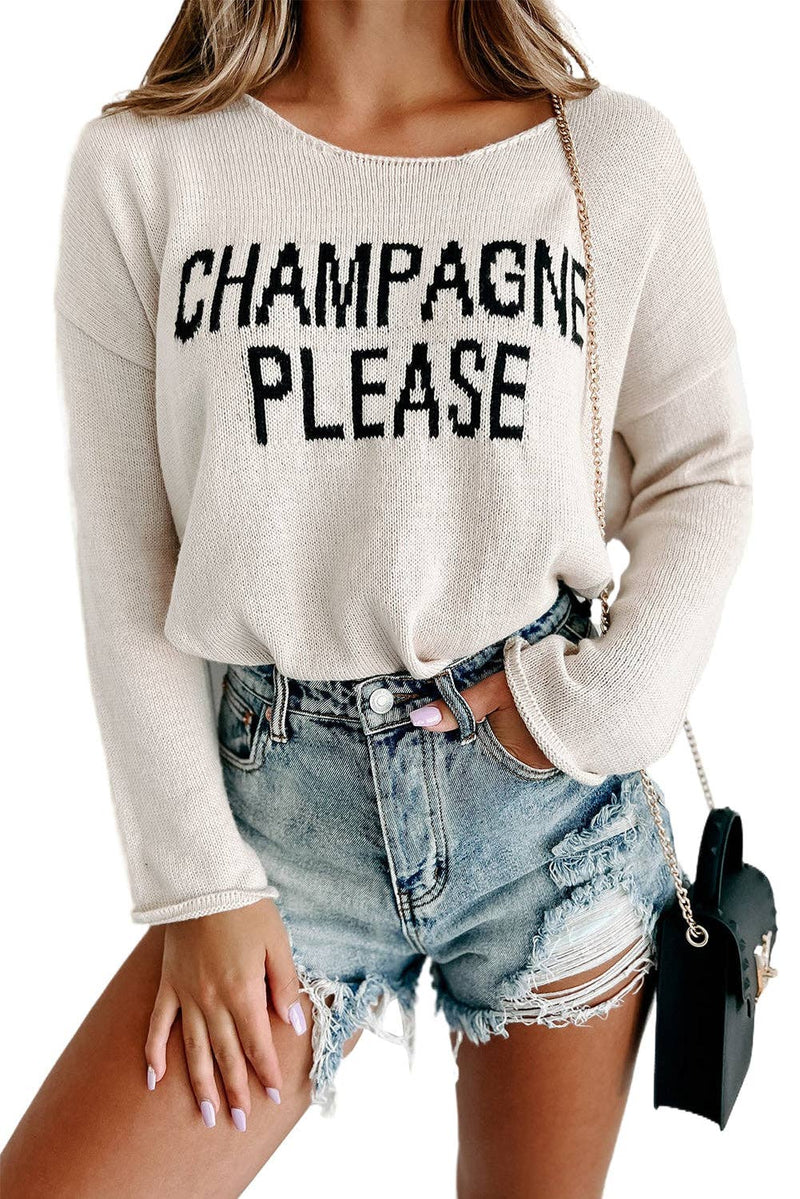 Amaryllis Apparel - Champagne Please Graphic Sweater: Snow White / XL