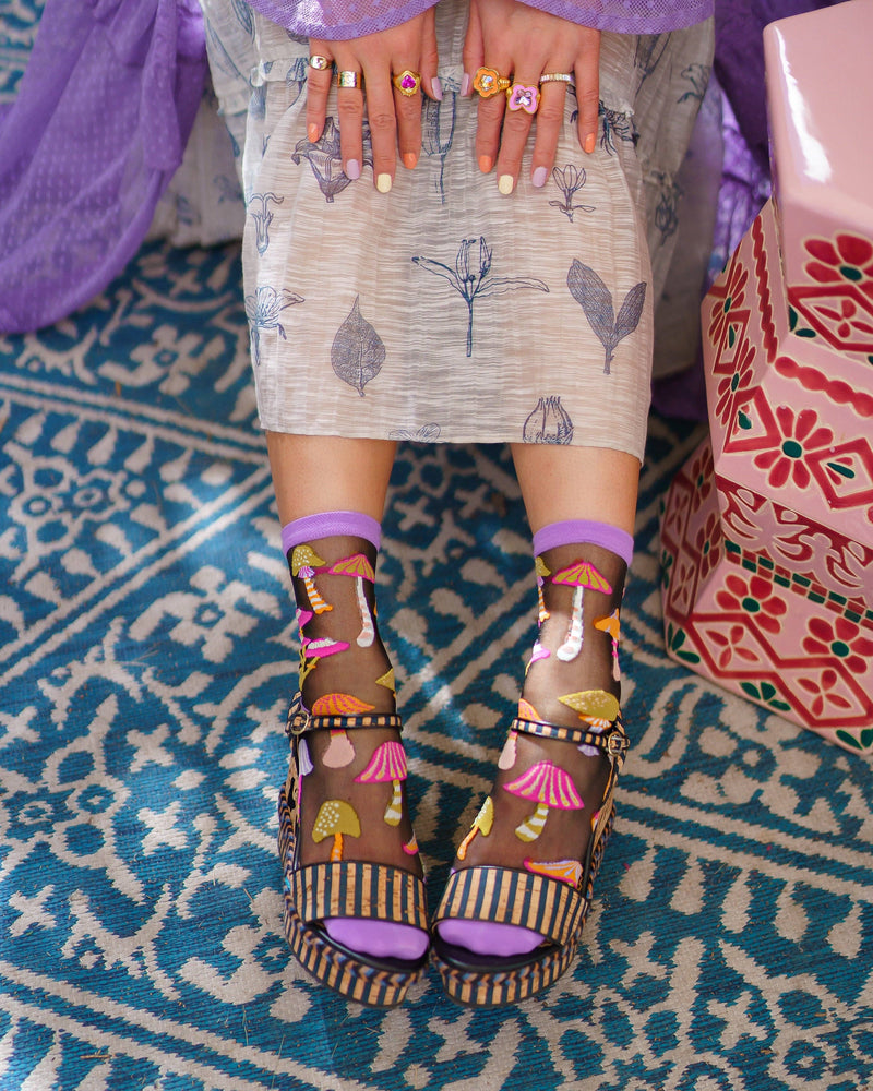Sock Candy - Magic Mushrooms Black Sheer Crew Sock: Size I: Fits US W5.5-9.5