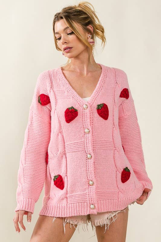 Vanilla Monkey - Strawberry Crochet V-neck Sweater Cardigan: IVORY / 2-2-2-2 (S-M-L-XL)