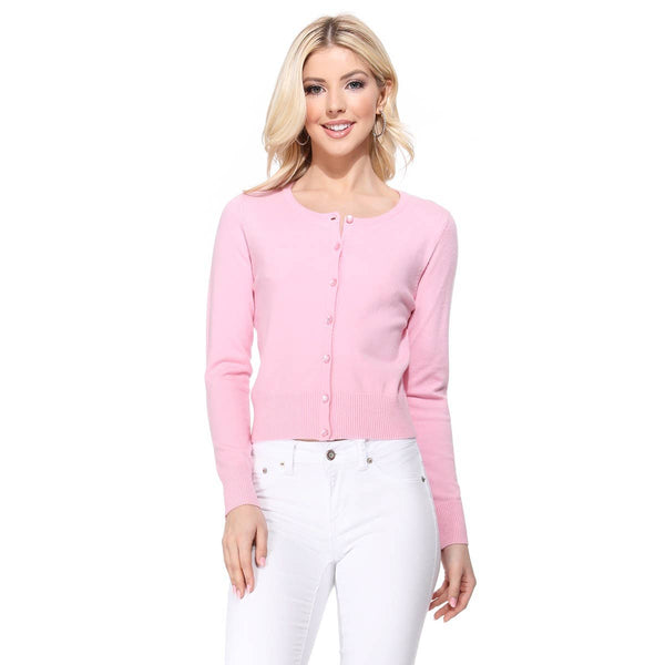 Mak - Long Sleeve Crewneck Cropped Cardigan Sweater MK5502: LIGHT PINK / M