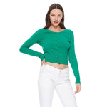 Mak - Long Sleeve Crewneck Cropped Cardigan Sweater MK5502: WHITE / L