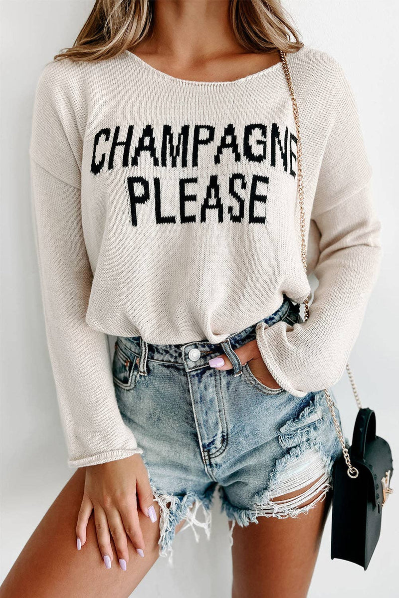 Amaryllis Apparel - Champagne Please Graphic Sweater: Snow White / XL