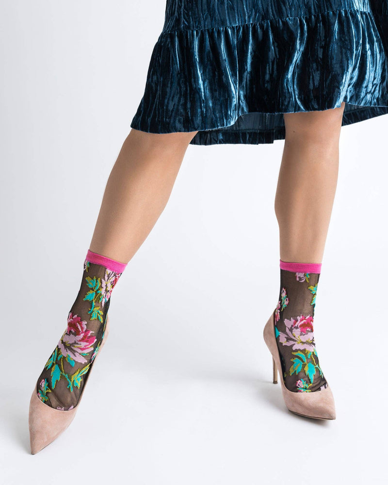 Sock Candy - English Rose Black Sheer Ankle Sock