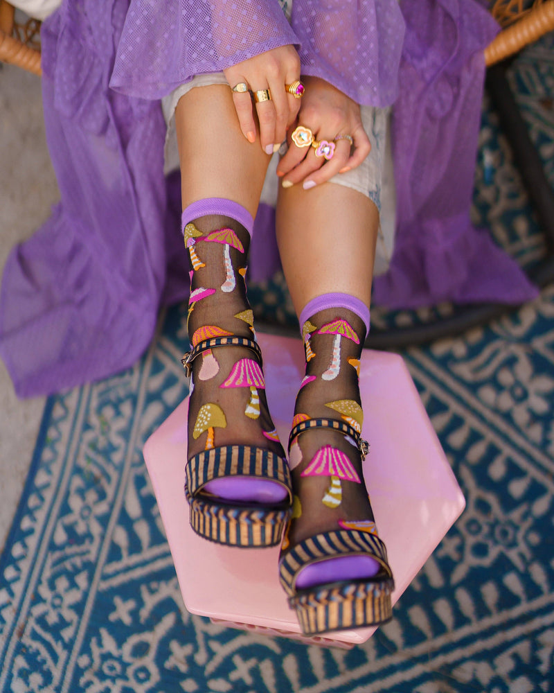 Sock Candy - Magic Mushrooms Black Sheer Crew Sock: Size I: Fits US W5.5-9.5