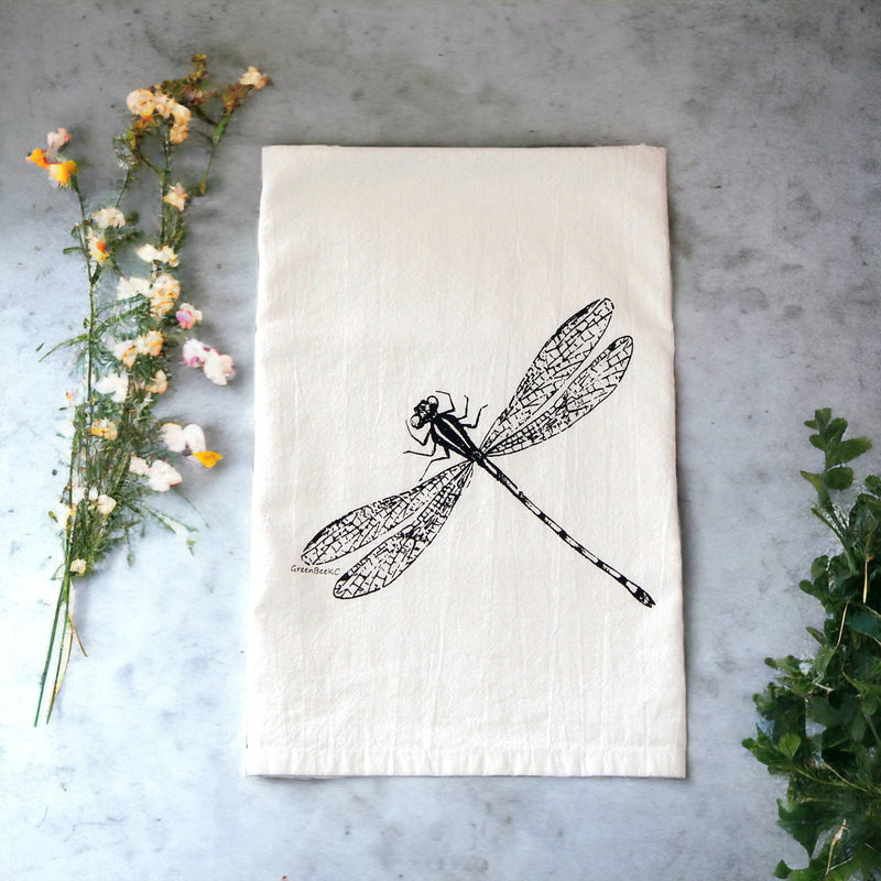 Green Bee Tea Towels - Dragonfly Flour Sack Kitchen Tea Towel: Black