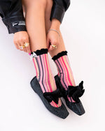 Sock Candy - Parisian Stripe Ruffle Bow Sheer Crew Sock