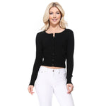 Mak - Long Sleeve Crewneck Cropped Cardigan Sweater MK5502: BLACK / L