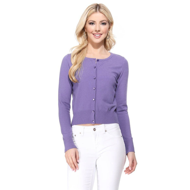 Mak - Long Sleeve Crewneck Cropped Cardigan Sweater MK5502: BLUEBERRY / XL