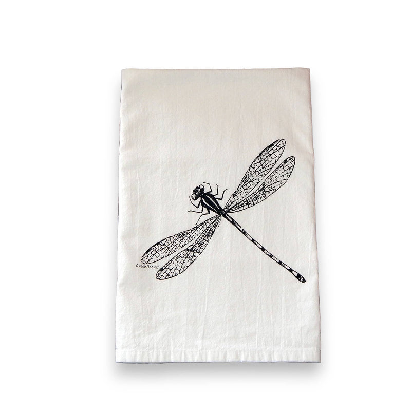 Green Bee Tea Towels - Dragonfly Flour Sack Kitchen Tea Towel: Black