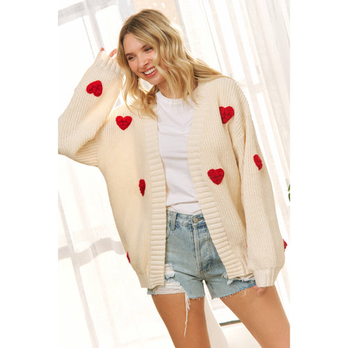 HEART 3D PATTERN SWEATER CARDIGAN: Cream