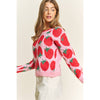 CUTE STRAWBERRY JACQUARD CASUAL PULLOVER SWEATER: Pink Multi / S-M-L