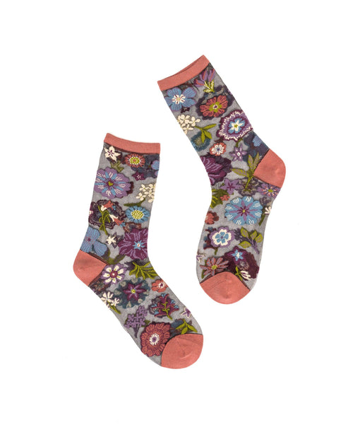 Sock Candy - Dark Florals Black Sheer Crew Sock