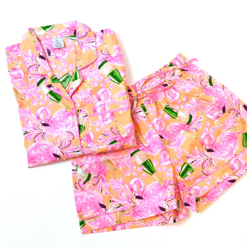 Cotton Bubbly Flamingos PJ Set with Shorts & Long Sleeve Top