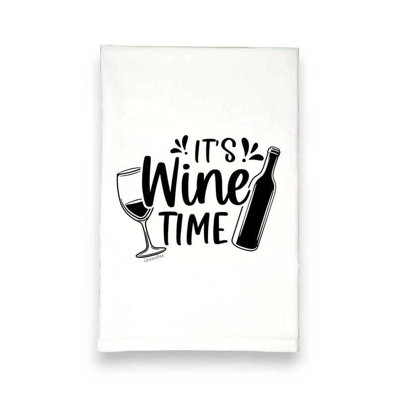 Green Bee Tea Towels - It's Wine Time Kitchen Tea Towel: Black