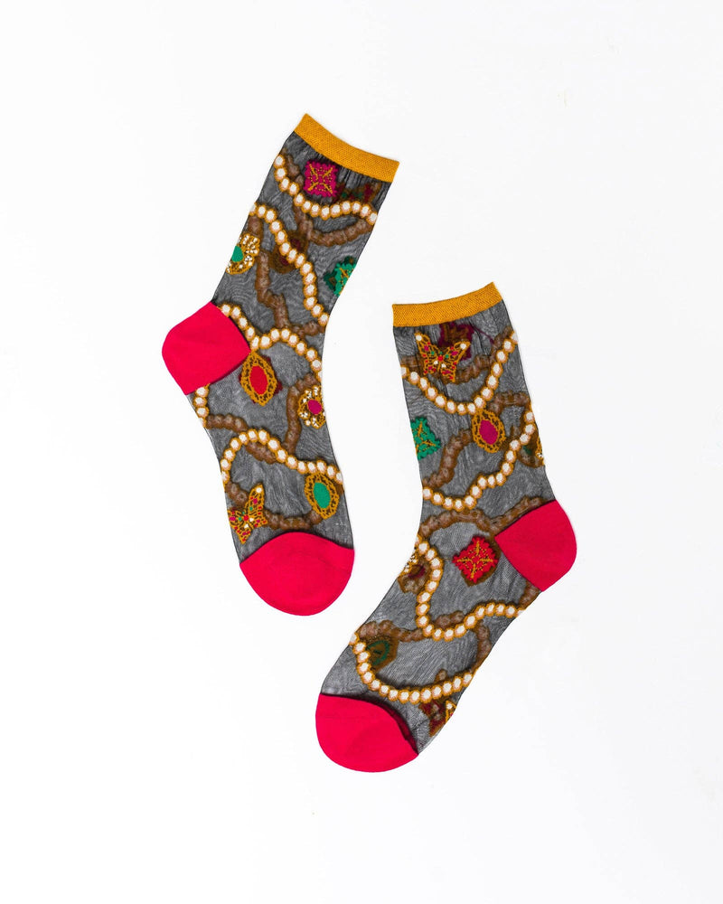 Sock Candy - Pearls & Jewels Black Sheer Ankle Sock