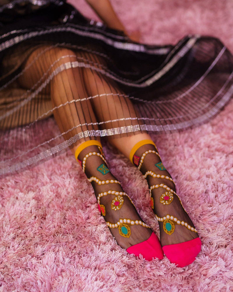 Sock Candy - Pearls & Jewels Black Sheer Ankle Sock