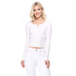 Mak - Long Sleeve Crewneck Cropped Cardigan Sweater MK5502: WHITE / XL