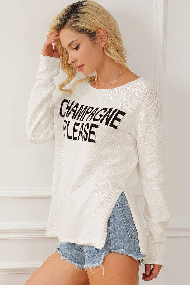 Amaryllis Apparel - Champagne Please Graphic Sweater: Snow White / XL
