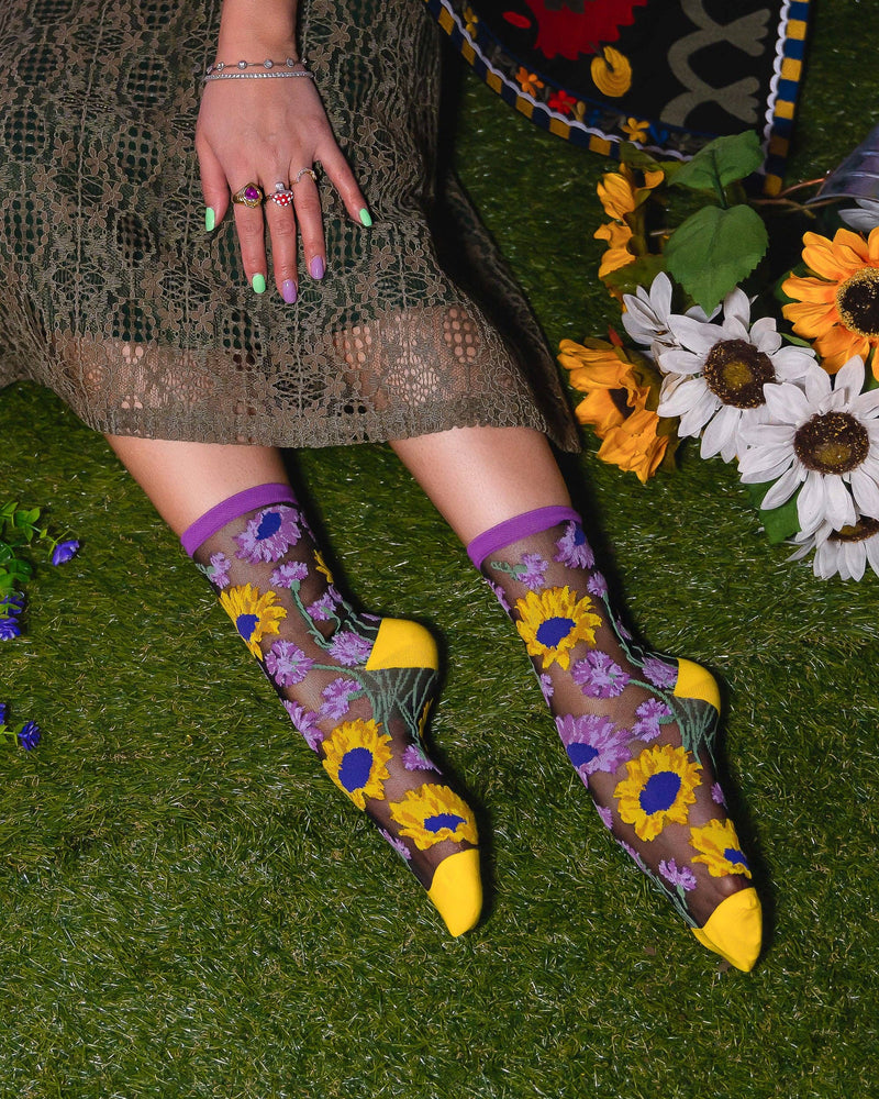 Sock Candy - Mixed Sunflowers Black Sheer Crew Sock