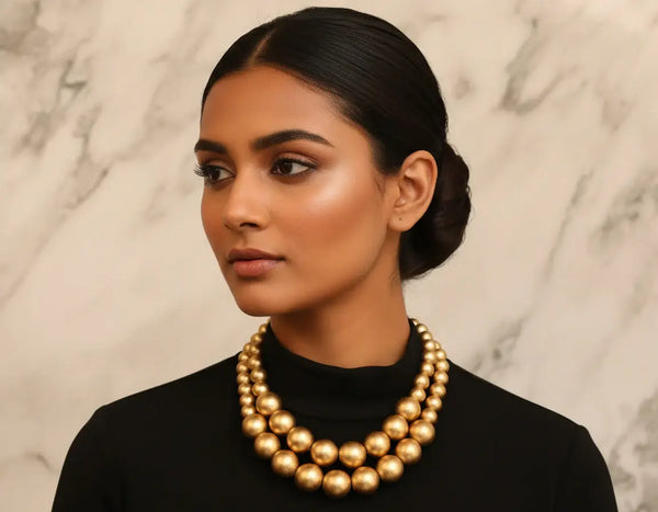 Chunky Gold Beaded Wood Statement Necklace: Gold or Silver