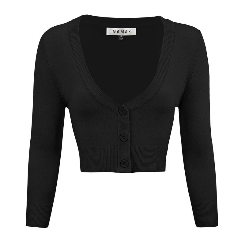 Mak - Cropped 3/4 Sleeve V-Neck Bolero Cardigan Sweater CO129Y: BLACK / S