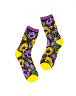 Sock Candy - Mixed Sunflowers Black Sheer Crew Sock