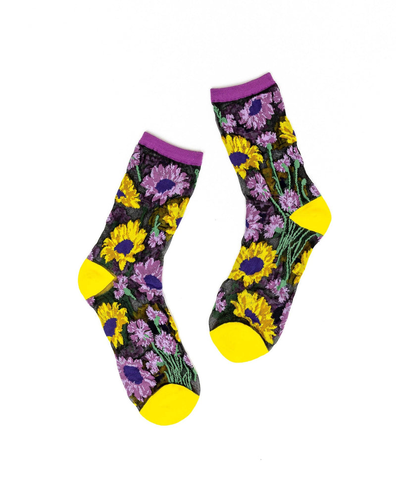 Sock Candy - Mixed Sunflowers Black Sheer Crew Sock