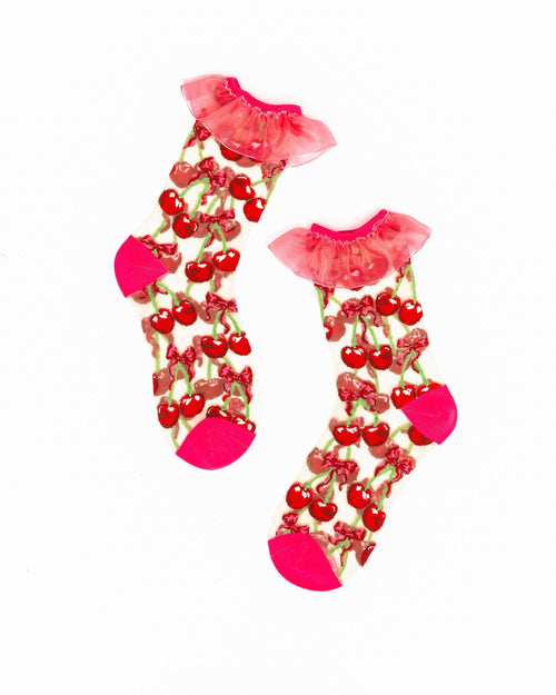 Sock Candy - Cherry Bow Ruffle Sheer Crew Sock