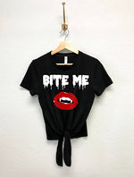 Bite Me Vampire Lips Halloween Crop Top with Front Tie