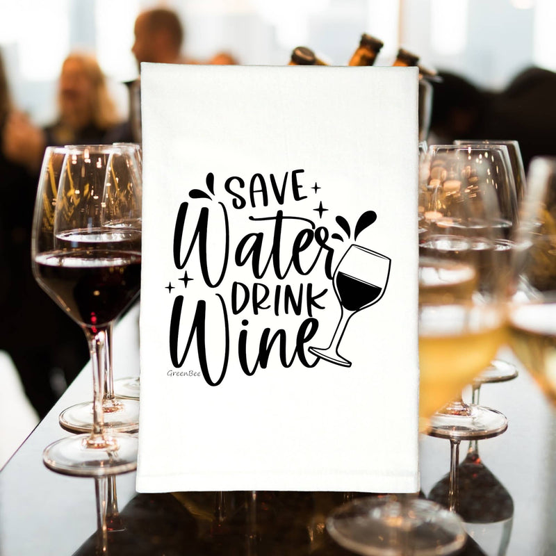 Green Bee Tea Towels - Save Water Drink Wine Kitchen Tea Towel: Black