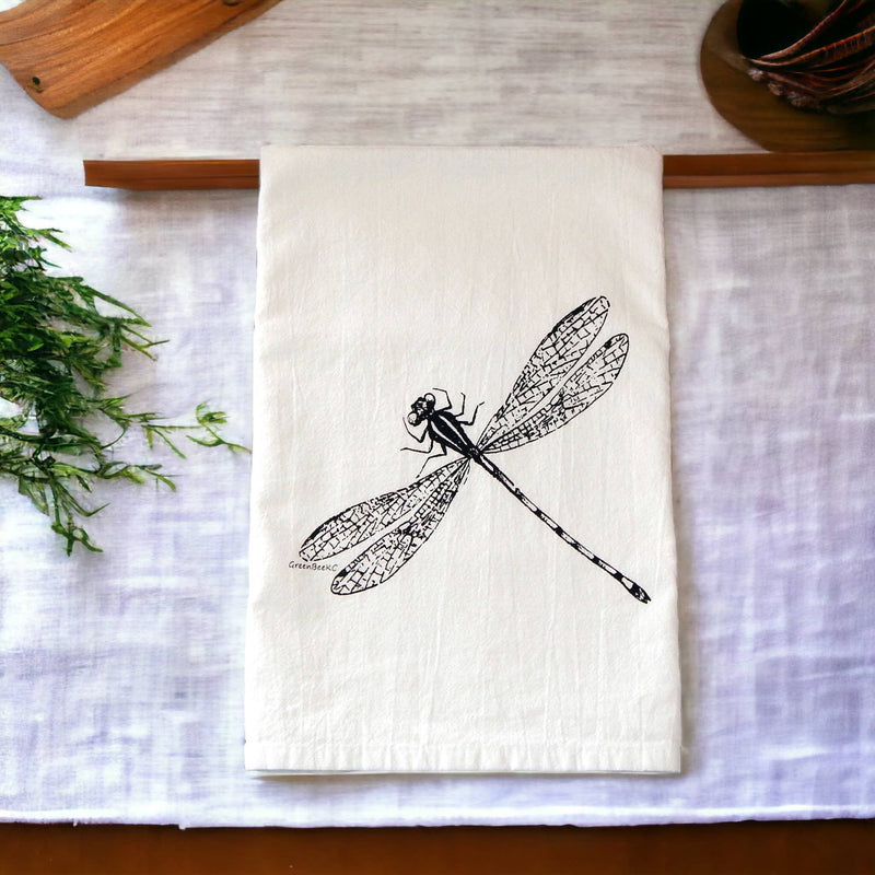 Green Bee Tea Towels - Dragonfly Flour Sack Kitchen Tea Towel: Black