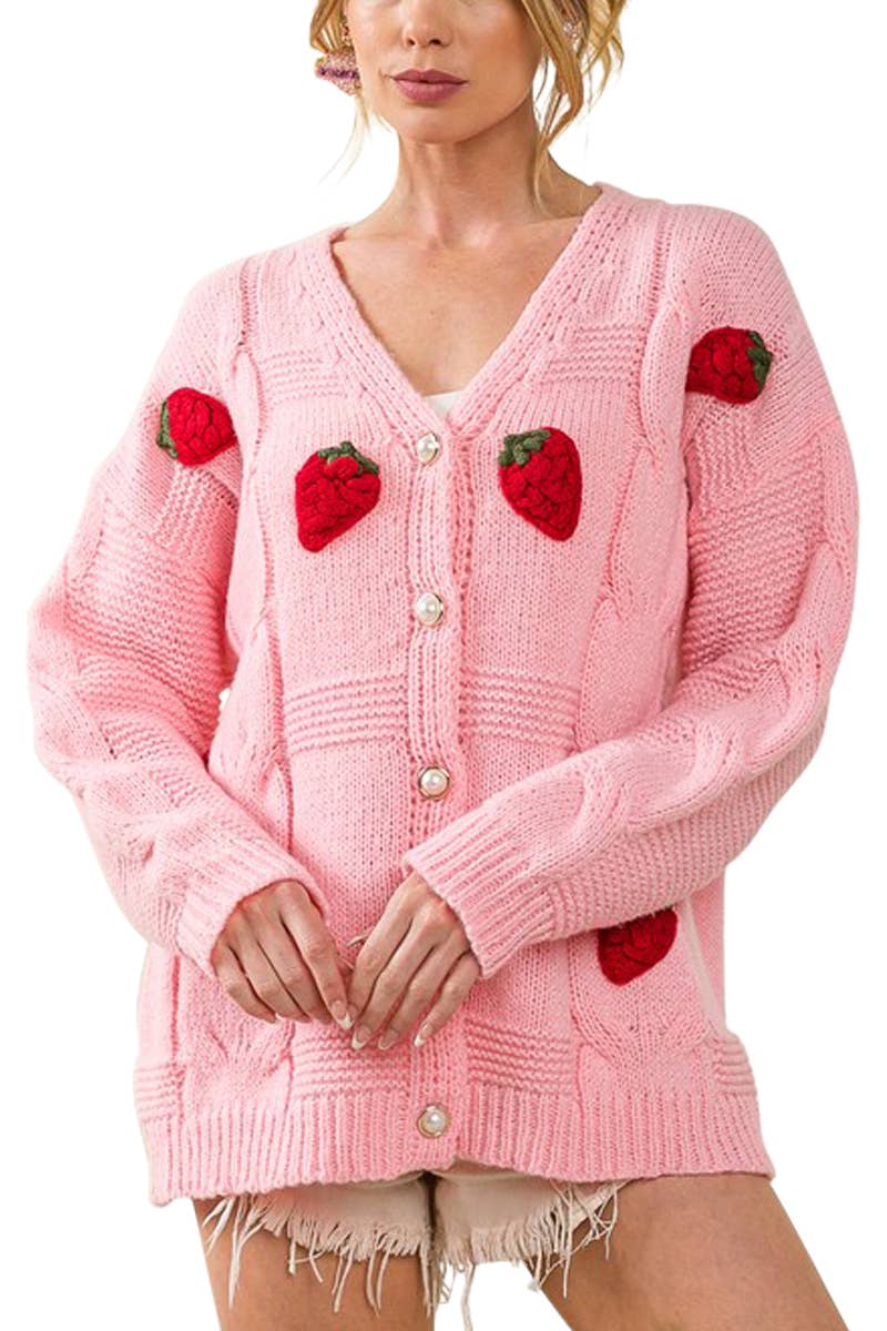 Vanilla Monkey - Strawberry Crochet V-neck Sweater Cardigan: IVORY / 2-2-2-2 (S-M-L-XL)