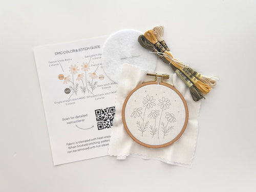 Matryoshka Doll Shop - Daisies Embroidery Kit, 4” beginner embroidery craft kit
