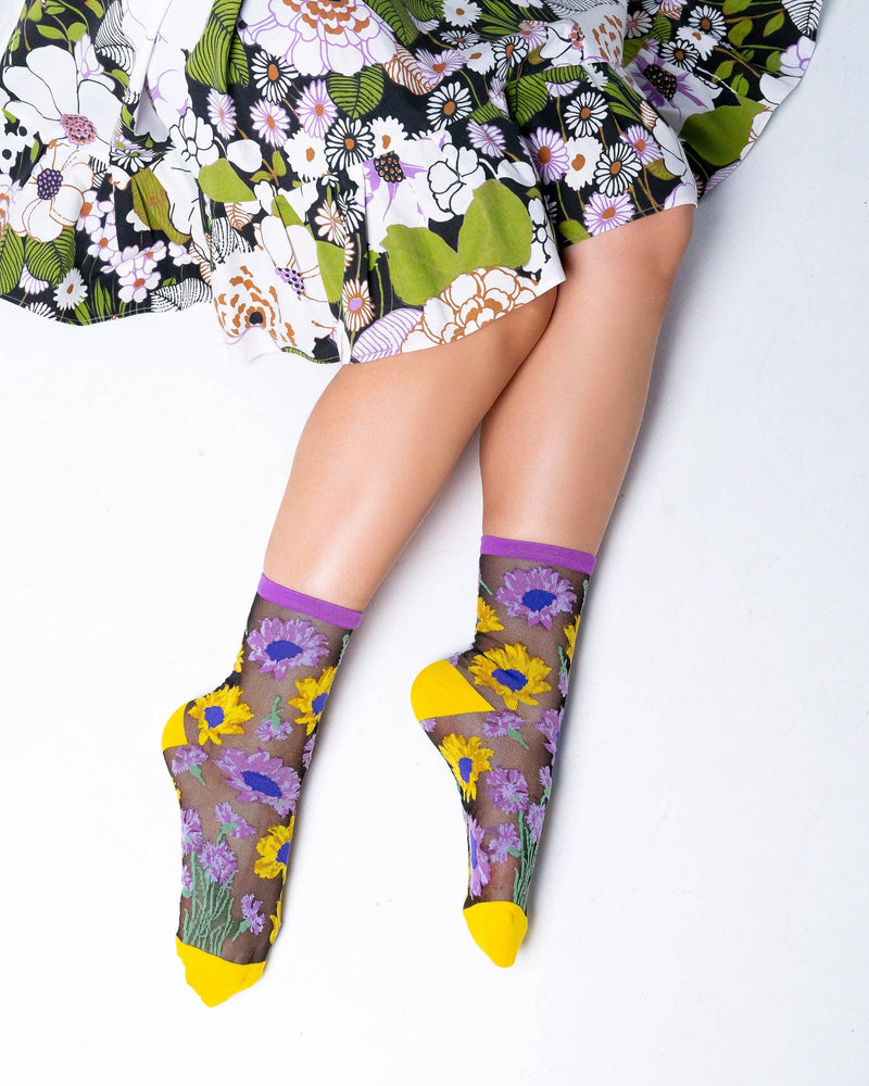 Sock Candy - Mixed Sunflowers Black Sheer Crew Sock