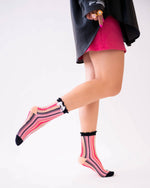 Sock Candy - Parisian Stripe Ruffle Bow Sheer Crew Sock