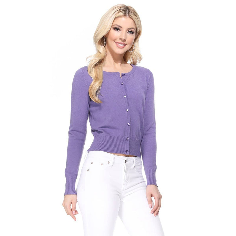 Mak - Long Sleeve Crewneck Cropped Cardigan Sweater MK5502: BLUEBERRY / L