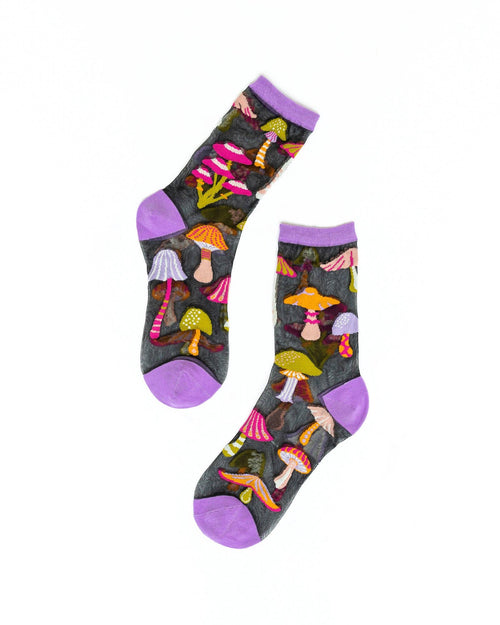 Sock Candy - Magic Mushrooms Black Sheer Crew Sock: Size I: Fits US W5.5-9.5