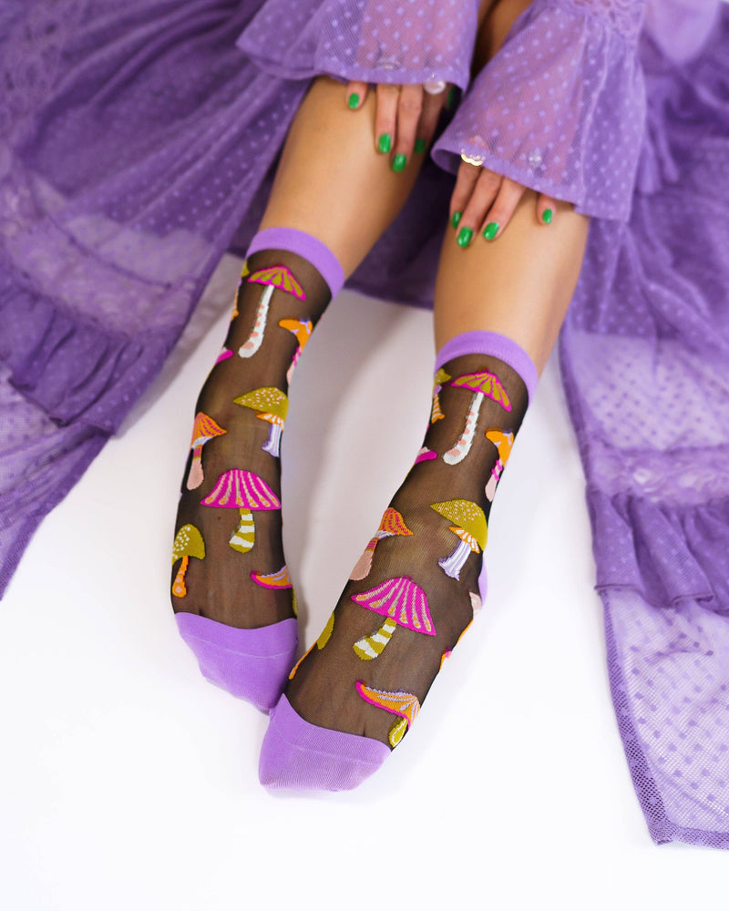 Sock Candy - Magic Mushrooms Black Sheer Crew Sock: Size I: Fits US W5.5-9.5