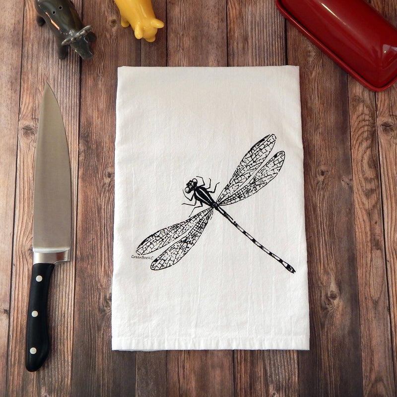 Green Bee Tea Towels - Dragonfly Flour Sack Kitchen Tea Towel: Black