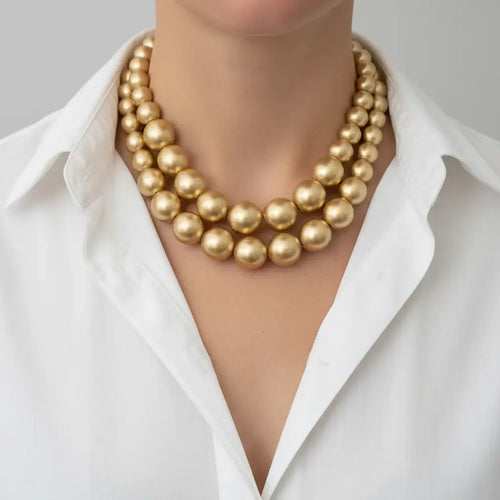 Chunky Gold Beaded Wood Statement Necklace: Gold or Silver