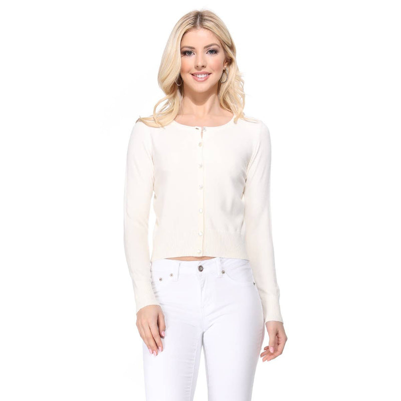 Mak - Long Sleeve Crewneck Cropped Cardigan Sweater MK5502: WHITE / S