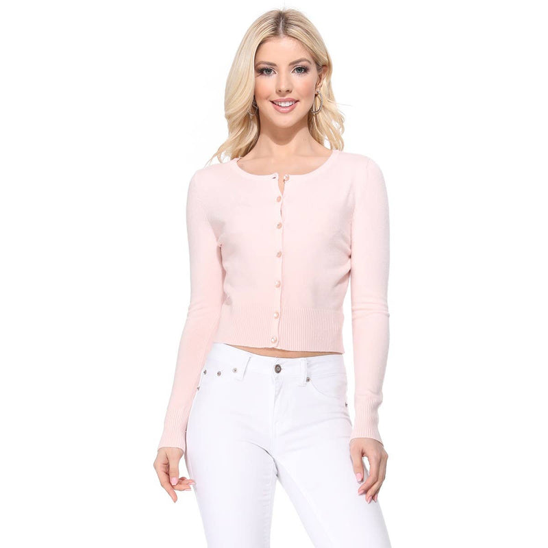 Mak - Long Sleeve Crewneck Cropped Cardigan Sweater MK5502: WHITE / S