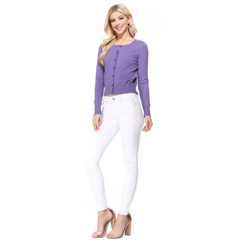 Mak - Long Sleeve Crewneck Cropped Cardigan Sweater MK5502: BLUEBERRY / M