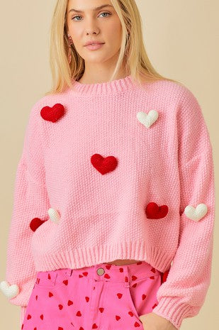 3D Heart Crop Pink bubble sleeve sweater