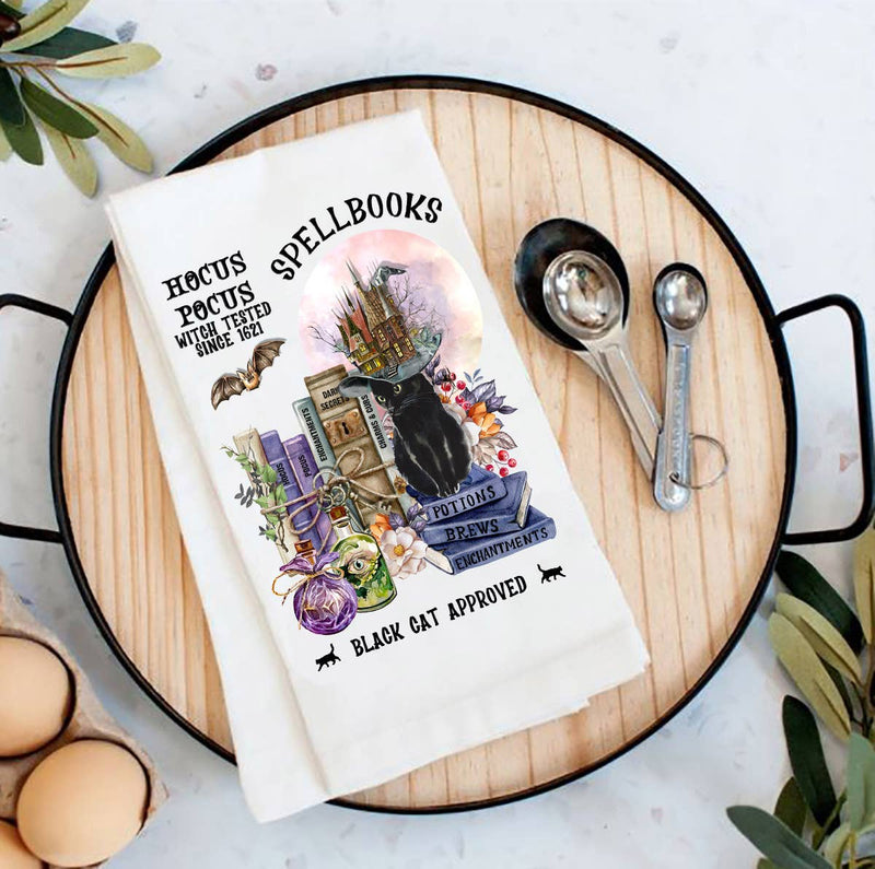 Avery Lane Gifts - Halloween Hocus Pocus Spellbooks Flour Sack Tea Towel