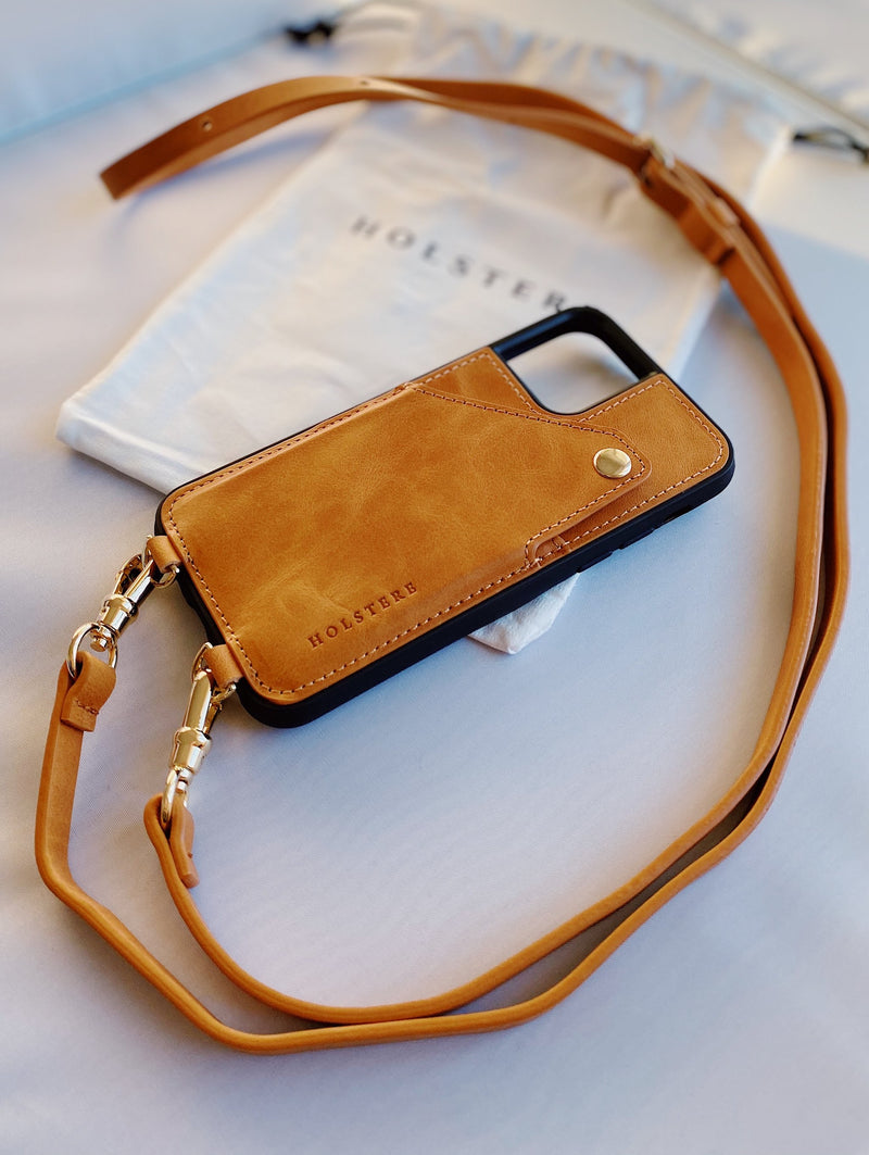 THE LONDON TAN |  LEATHER IPHONE CASE CROSSBODY W/ WALLET & ADJUSTABLE STRAP